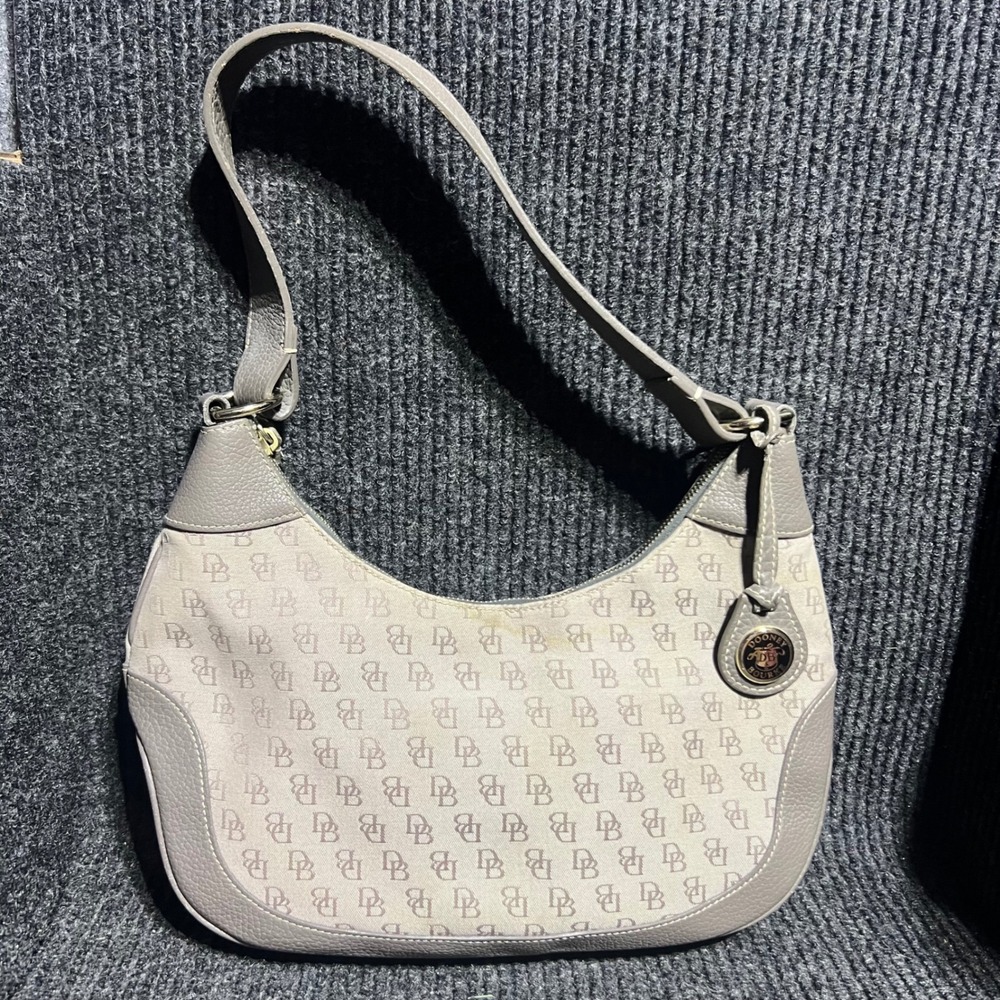 Dooney & Bourke Hobo Bag Womens Medium Grey Monogram Canvas Leather Shoulder Bag